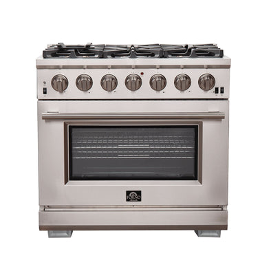 Forno Capriasca 36-Inch Gas Range, Stainless Steel, 6 Brass Burners, 120,000 BTU, Convection Oven, Energy Efficient 